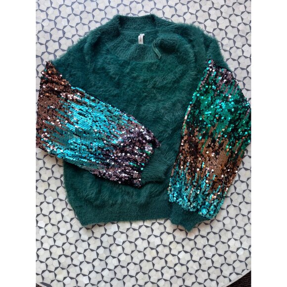 Teal Fuzzy Sweater W/ Sequin Sleeves M/L By Wishlist - Picture 1 of 7